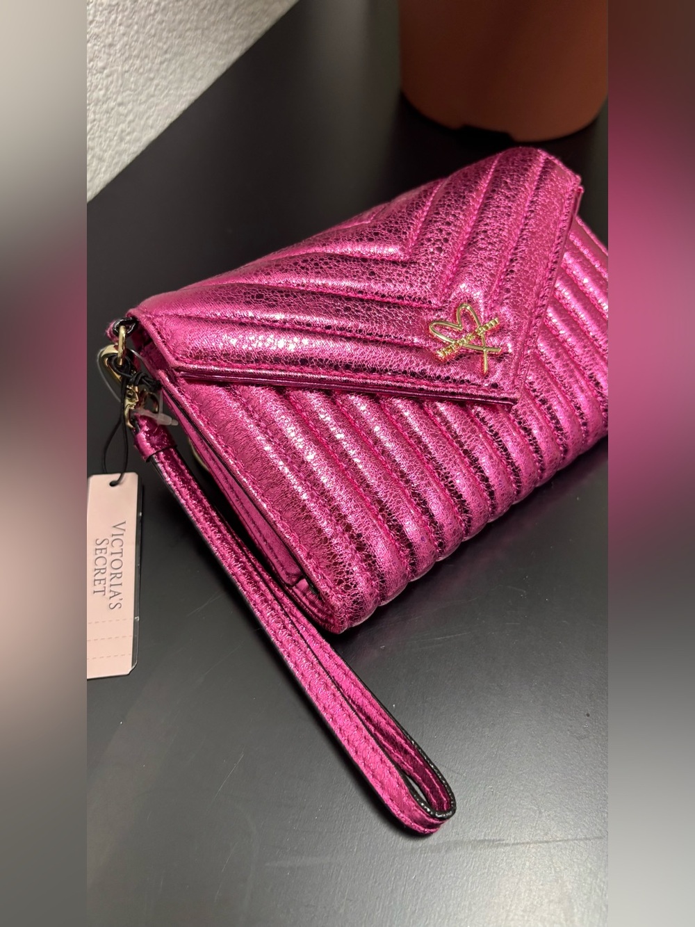 Victoria's Secret Metallic Fuchsia Quilted Wristlet